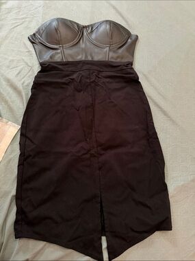 Guess Black Faux Leather Strapless Bustier Dress with Gold Zip